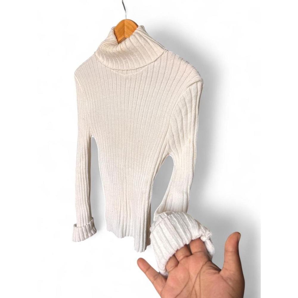 Turtleneck Sweater Vintage Y2K Rave Ivory Ribbed Knit Ruffle Cuff Soft Girl M